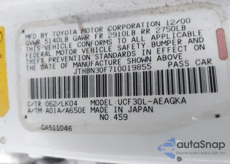 2001 Lexus Ls 430 z USA, uszkodzony, nr VIN JTHBN30F710019855